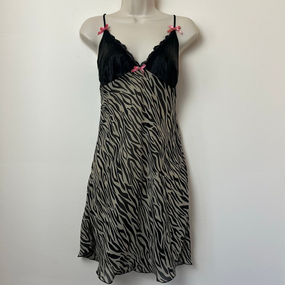 Vintage Y2K Sheer Black White Pink Zebra Babydoll Lace Chemise Slip Dress Medium